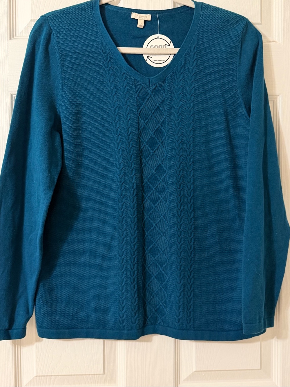 Talbots Teal Cable-Knit V-Neck Sweater - Women's 100% Cotton